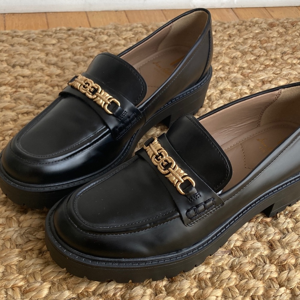 Sam Edelman Black Leather Platform Loafers with Gold Chain - Picture 5 of 10